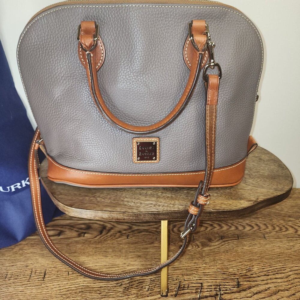 EUC Pebbled Grain Italian Leather Grey and Tan Zip Zip Domed Satchel Bag-Dooney